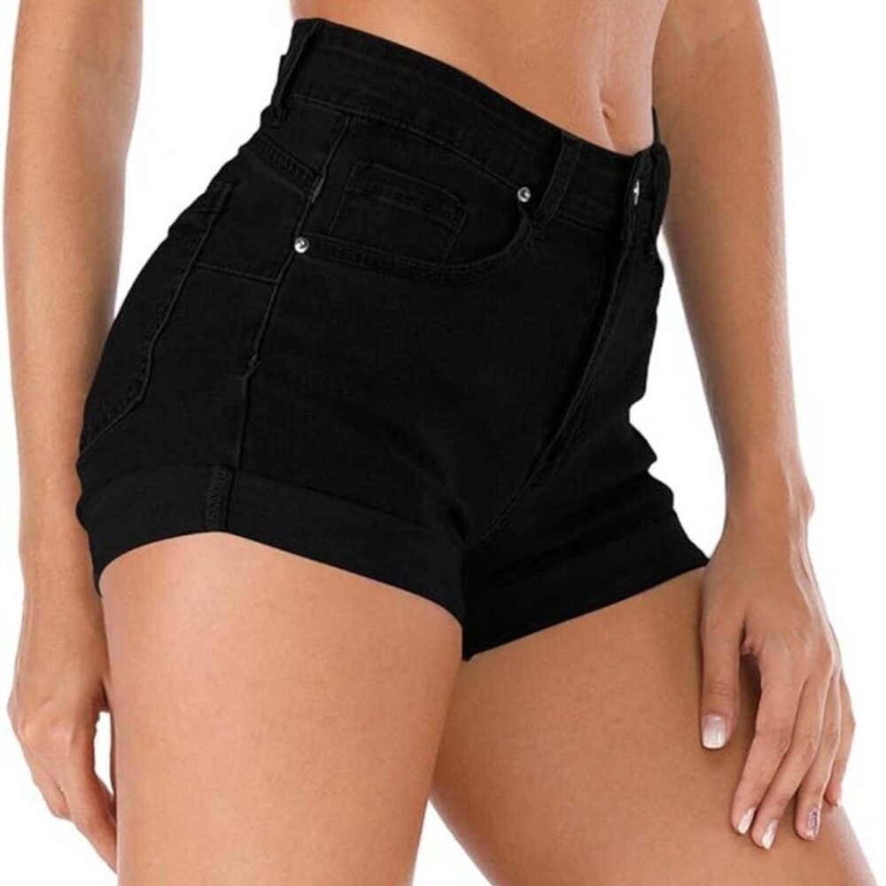 Cuihur Women's Summer High Waisted Denim Shorts Folded Hem Casual Short Jeans